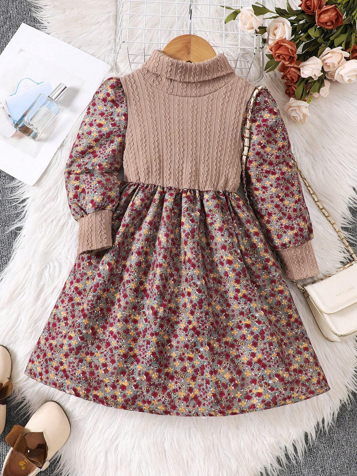 Young Girls High Collar Knitted Floral Patchwork Casual Dress, Autumn/Winter