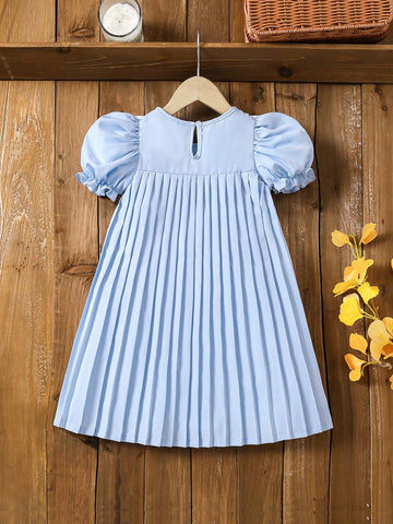 Young Girls' Holiday Casual Lace Panel Puff Sleeve Pleated Dress