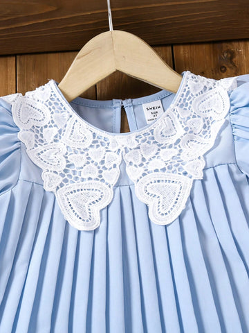 Young Girls' Holiday Casual Lace Panel Puff Sleeve Pleated Dress