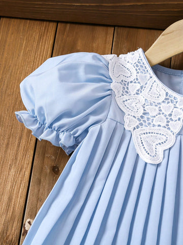Young Girls' Holiday Casual Lace Panel Puff Sleeve Pleated Dress