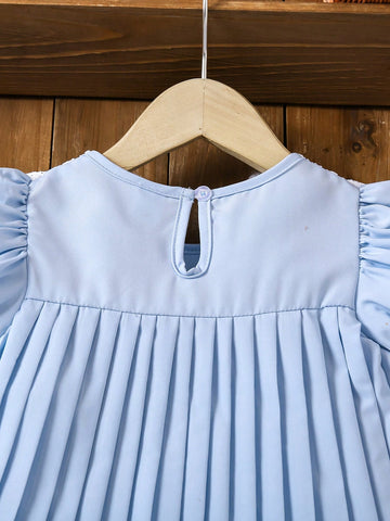 Young Girls' Holiday Casual Lace Panel Puff Sleeve Pleated Dress