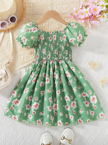Young Girls' Holiday Floral Ruffle Hem Short Puff Sleeve Dress With Elastic Cuffs, Cute