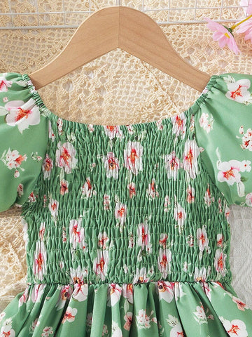 Young Girls' Holiday Floral Ruffle Hem Short Puff Sleeve Dress With Elastic Cuffs, Cute