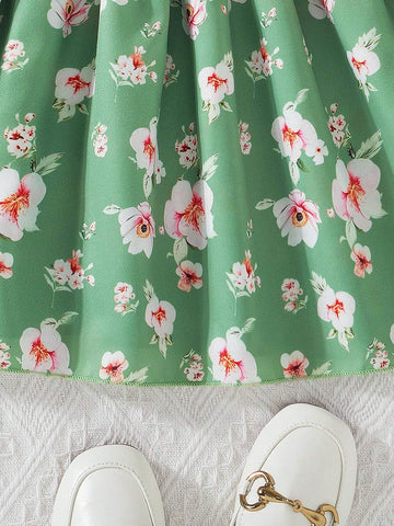 Young Girls' Holiday Floral Ruffle Hem Short Puff Sleeve Dress With Elastic Cuffs, Cute