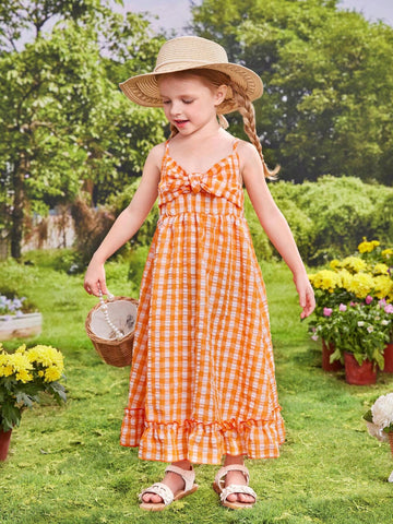 Young Girl's Holiday Spring/Summer Picnic Gathering French Bowknot Sweet Long Dress With Plaid Design