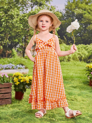 Young Girl's Holiday Spring/Summer Picnic Gathering French Bowknot Sweet Long Dress With Plaid Design