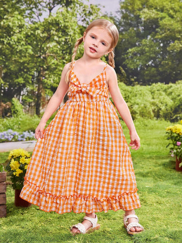 Young Girl's Holiday Spring/Summer Picnic Gathering French Bowknot Sweet Long Dress With Plaid Design