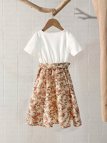 Young Girl's Holiday Style Short Sleeve Floral Printed Dress