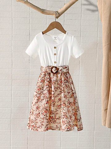 Young Girl's Holiday Style Short Sleeve Floral Printed Dress