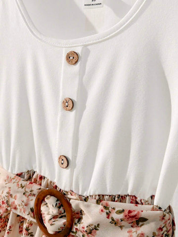 Young Girl's Holiday Style Short Sleeve Floral Printed Dress