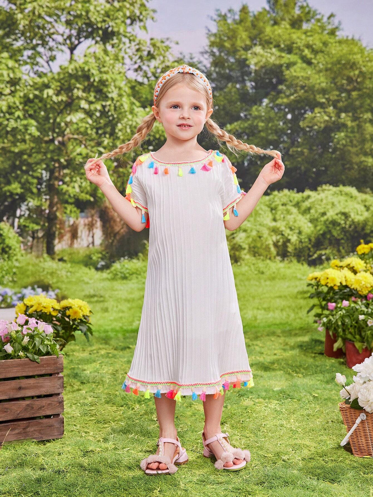 Young Girl's Holiday Sweet Cute Fringed Decorated Dress