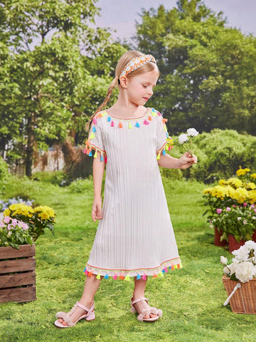 Young Girl's Holiday Sweet Cute Fringed Decorated Dress