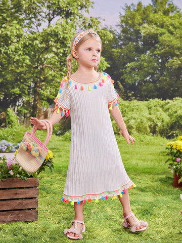 Young Girl's Holiday Sweet Cute Fringed Decorated Dress