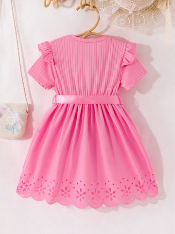 Young Girls' Hollow Out Belted Dress With Letter Print, Ruffle Trimmed Round Neckline And Short Sleeves For Summer