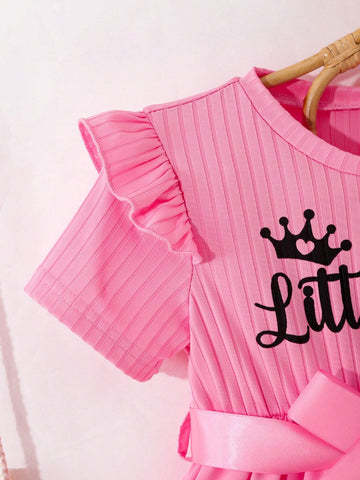 Young Girls' Hollow Out Belted Dress With Letter Print, Ruffle Trimmed Round Neckline And Short Sleeves For Summer