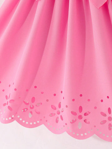 Young Girls' Hollow Out Belted Dress With Letter Print, Ruffle Trimmed Round Neckline And Short Sleeves For Summer