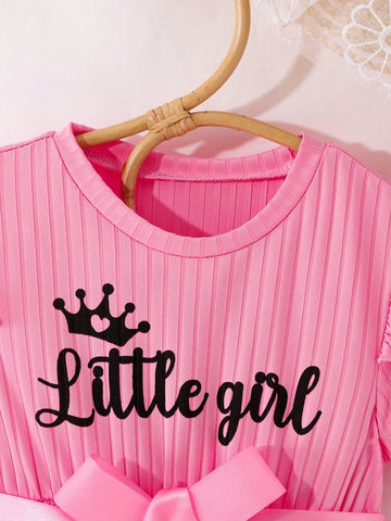 Young Girls' Hollow Out Belted Dress With Letter Print, Ruffle Trimmed Round Neckline And Short Sleeves For Summer