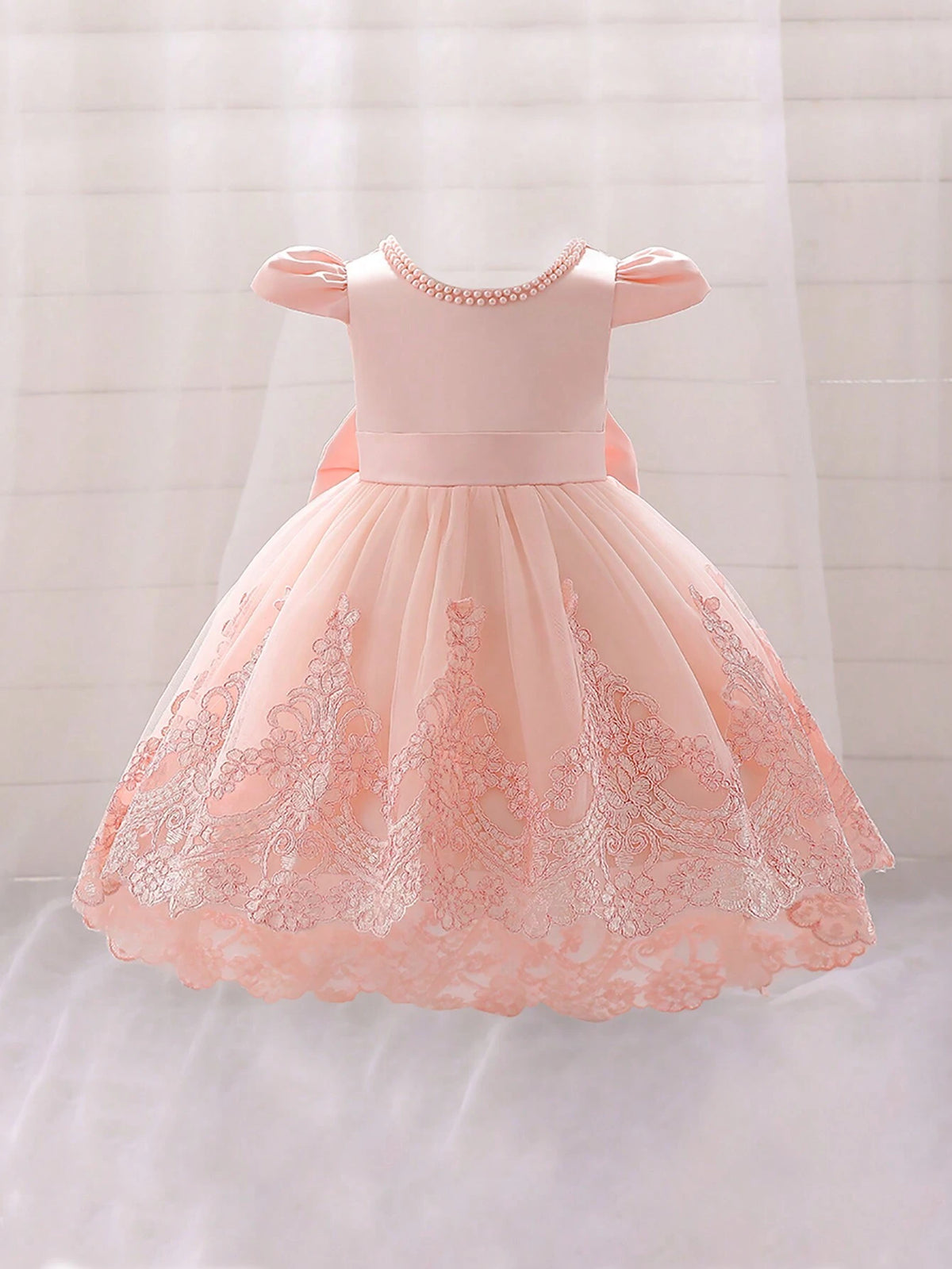 Young Girls Hooded, Faux Pearl Embroidered, Mesh Piano Recital Dress, Suitable For Birthday, Flower Girl, Evening Party