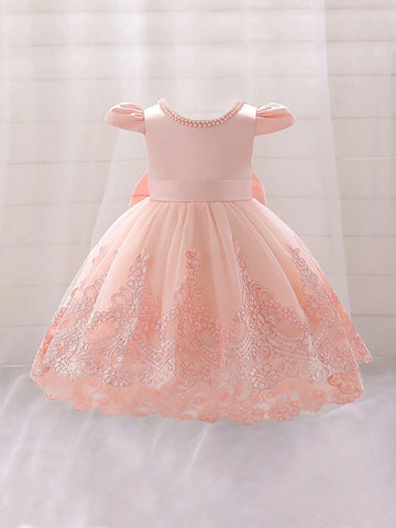 Young Girls Hooded, Faux Pearl Embroidered, Mesh Piano Recital Dress, Suitable For Birthday, Flower Girl, Evening Party