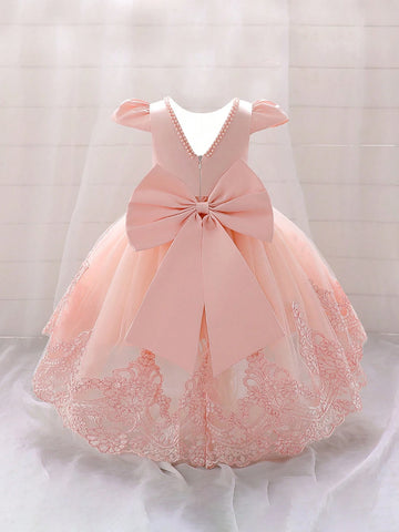 Young Girls Hooded, Faux Pearl Embroidered, Mesh Piano Recital Dress, Suitable For Birthday, Flower Girl, Evening Party