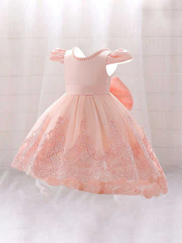 Young Girls Hooded, Faux Pearl Embroidered, Mesh Piano Recital Dress, Suitable For Birthday, Flower Girl, Evening Party