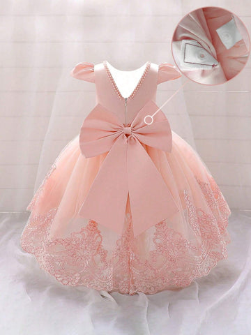 Young Girls Hooded, Faux Pearl Embroidered, Mesh Piano Recital Dress, Suitable For Birthday, Flower Girl, Evening Party