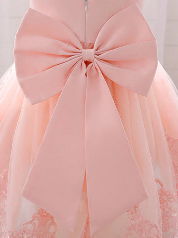 Young Girls Hooded, Faux Pearl Embroidered, Mesh Piano Recital Dress, Suitable For Birthday, Flower Girl, Evening Party