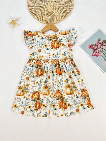 Young Girl's Horror Print Cap Sleeve Casual Dress For Spring, Summer, Autumn Halloween