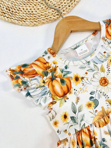 Young Girl's Horror Print Cap Sleeve Casual Dress For Spring, Summer, Autumn Halloween