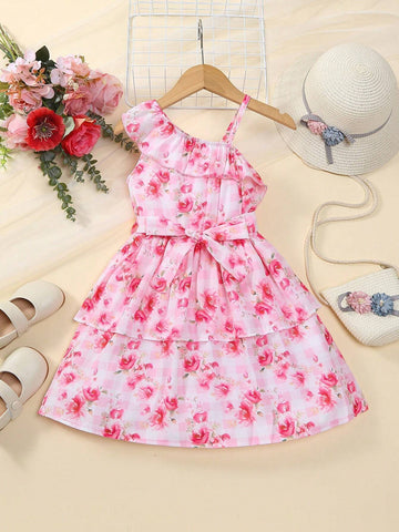 Young Girl's Irregular Shoulder Floral Print Maxi Dress, Fashionable, Elegant, Romantic, For Vacation In Spring/Summer