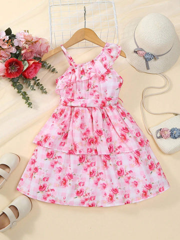 Young Girl's Irregular Shoulder Floral Print Maxi Dress, Fashionable, Elegant, Romantic, For Vacation In Spring/Summer