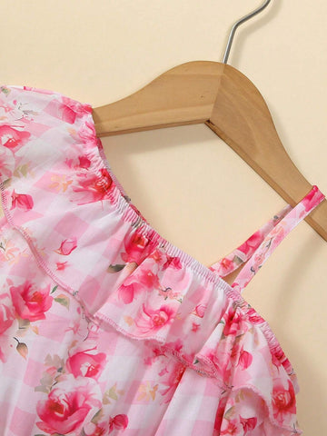 Young Girl's Irregular Shoulder Floral Print Maxi Dress, Fashionable, Elegant, Romantic, For Vacation In Spring/Summer