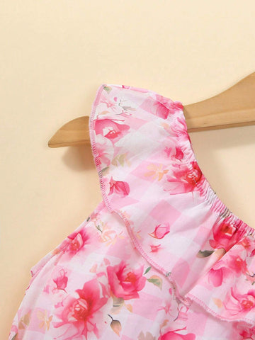 Young Girl's Irregular Shoulder Floral Print Maxi Dress, Fashionable, Elegant, Romantic, For Vacation In Spring/Summer