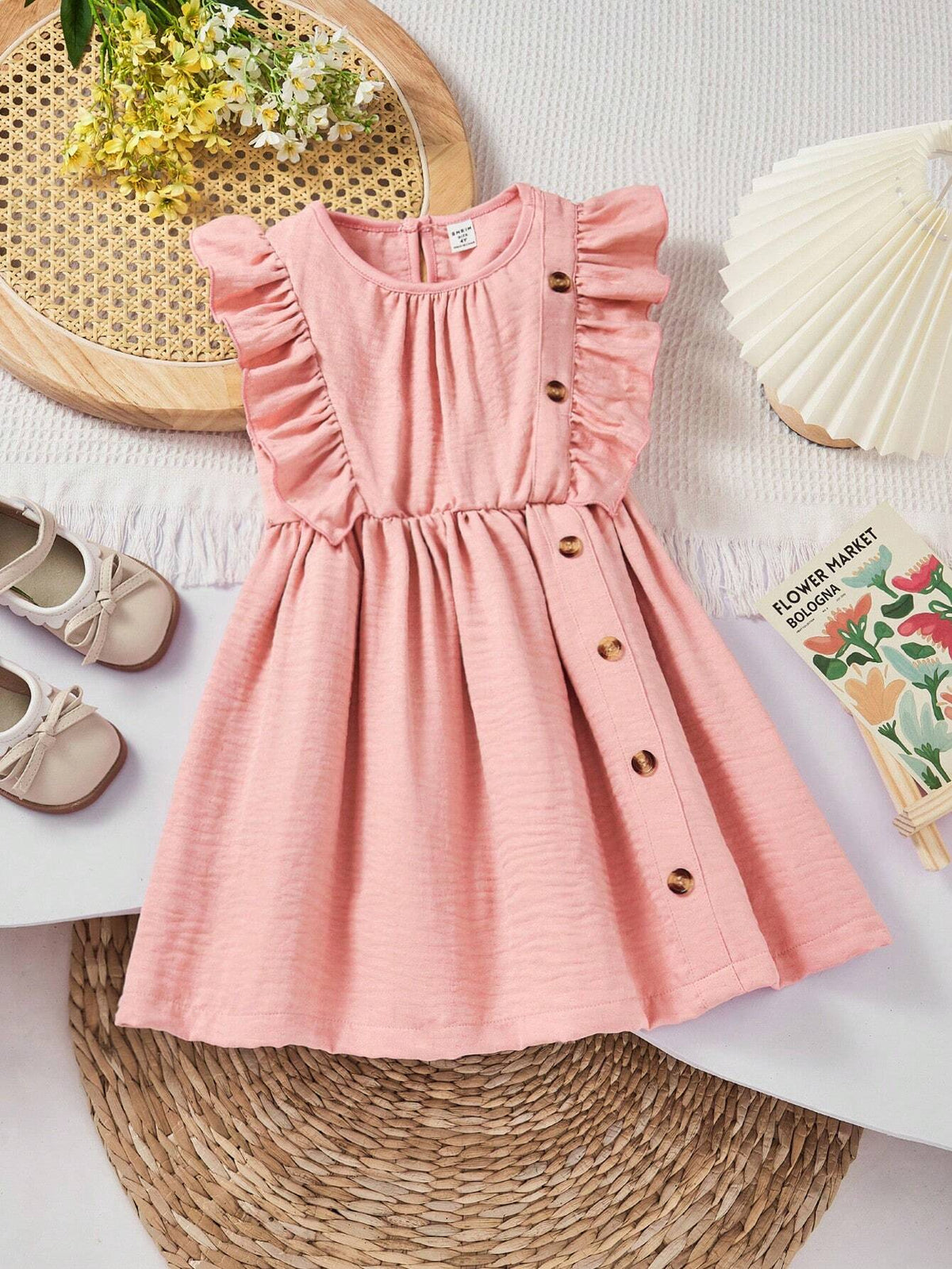 Young Girls' Irregular Split Button Decorated Ruffle Hem Round Neck Dress