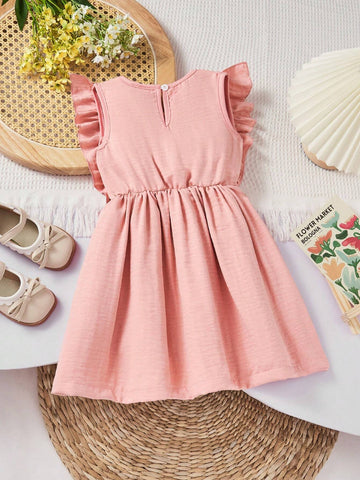 Young Girls' Irregular Split Button Decorated Ruffle Hem Round Neck Dress