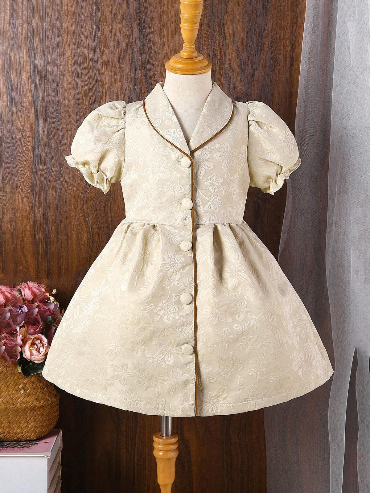 Young Girls' Jacquard Bubble Sleeve Dress With Mandarin Collar And Contrast Piping