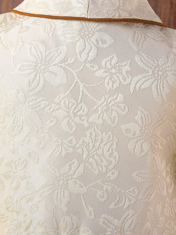 Young Girls' Jacquard Bubble Sleeve Dress With Mandarin Collar And Contrast Piping