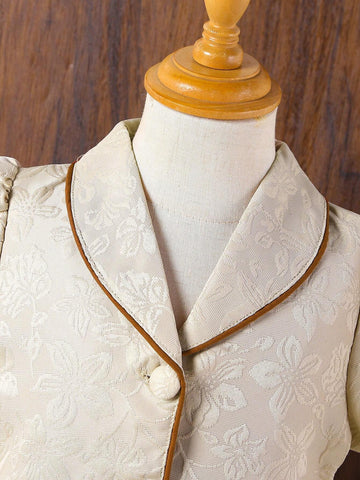 Young Girls' Jacquard Bubble Sleeve Dress With Mandarin Collar And Contrast Piping