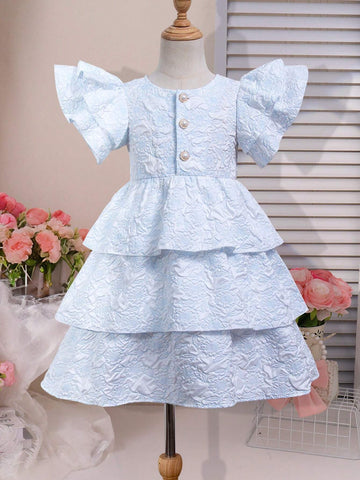 Young Girls' Jacquard Fabric Dress With Decoration Buckle And Ruffle Sleeves, Perfect For Festival Parties, Summer
