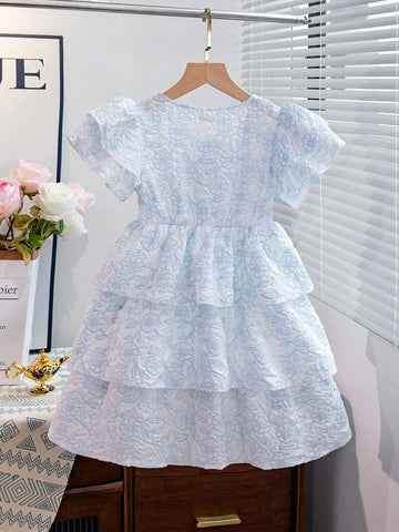 Young Girls' Jacquard Fabric Dress With Decoration Buckle And Ruffle Sleeves, Perfect For Festival Parties, Summer