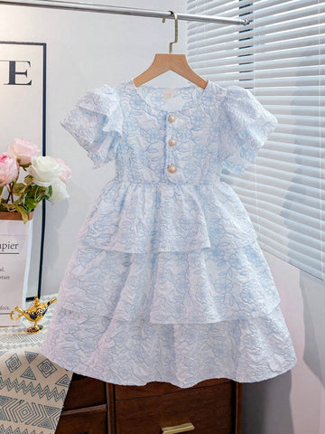 Young Girls' Jacquard Fabric Dress With Decoration Buckle And Ruffle Sleeves, Perfect For Festival Parties, Summer