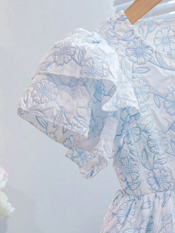 Young Girls' Jacquard Fabric Dress With Decoration Buckle And Ruffle Sleeves, Perfect For Festival Parties, Summer