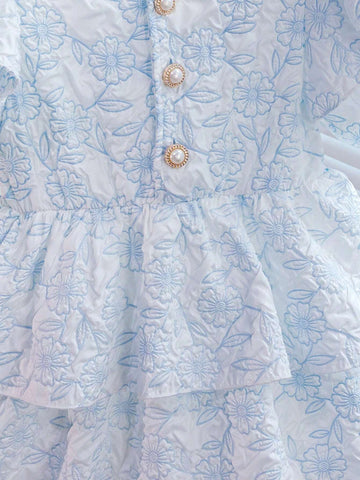 Young Girls' Jacquard Fabric Dress With Decoration Buckle And Ruffle Sleeves, Perfect For Festival Parties, Summer