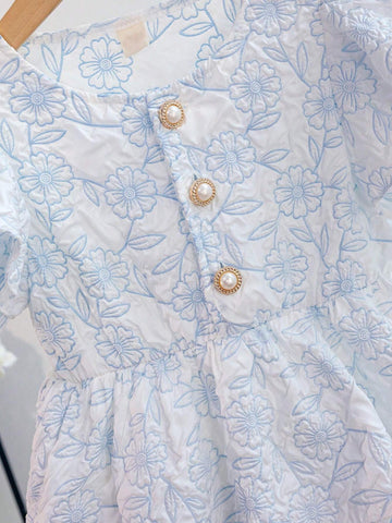 Young Girls' Jacquard Fabric Dress With Decoration Buckle And Ruffle Sleeves, Perfect For Festival Parties, Summer