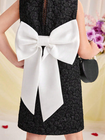 Young Girl's Jacquard Woven Color Block Butterfly Knot Round Neck Sleeveless Casual Dress For Spring/Summer