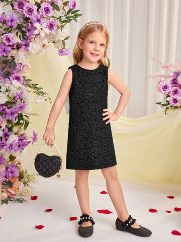 Young Girl's Jacquard Woven Color Block Butterfly Knot Round Neck Sleeveless Casual Dress For Spring/Summer