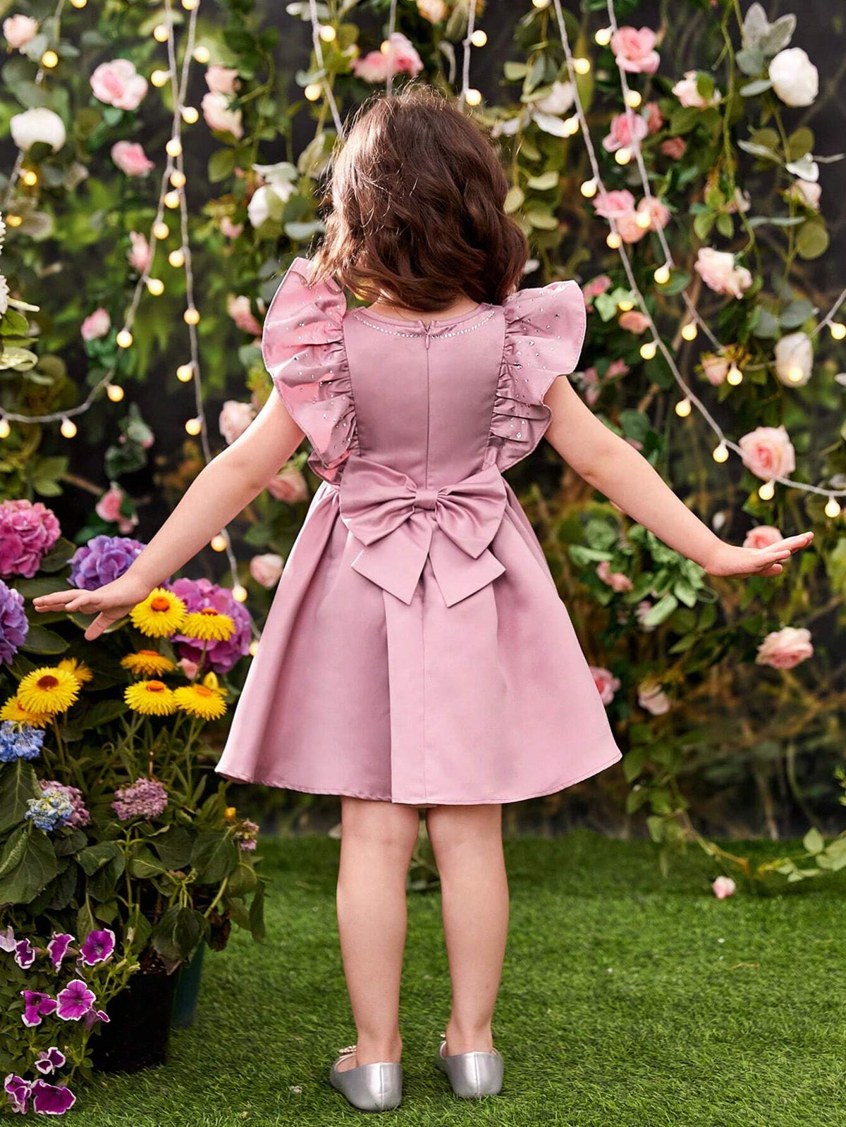 Young Girl's Jewel Neckline Dress With Ruffle Trim And Removable Bowknot, Adorned With Rhinestones