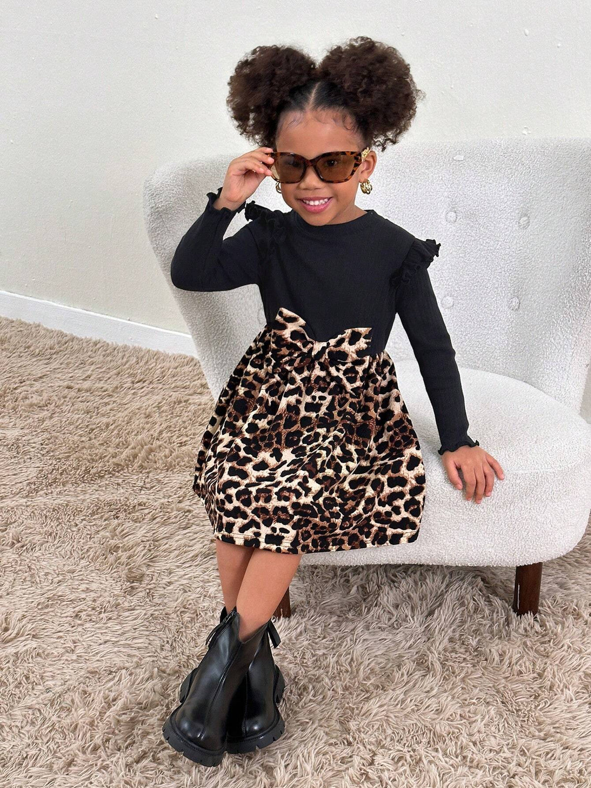 Young Girls Knit Round Neck Cap Sleeve Leopard Print Splice Dress
