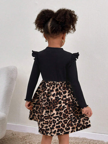 Young Girls Knit Round Neck Cap Sleeve Leopard Print Splice Dress