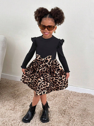 Young Girls Knit Round Neck Cap Sleeve Leopard Print Splice Dress